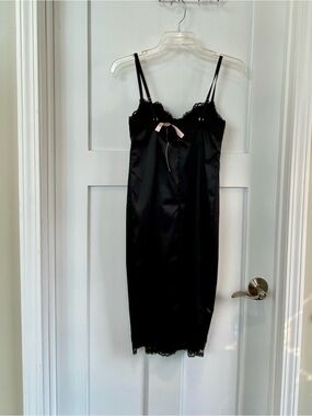 Victoria's Secret Black Satin Slip Dress with Pink Bow Accent NWT